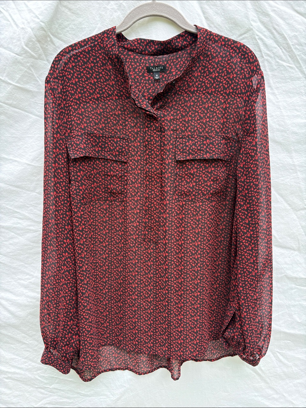 Talbots Black and Red Splotch Split-Neck Blouse